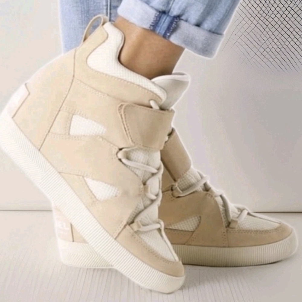 Sorel Beige and White Wedge High-Top Sneakers